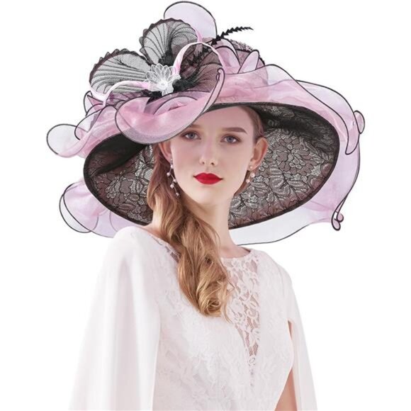 Women Hat Wide Brim Tea Party Fascinator Pink x Black